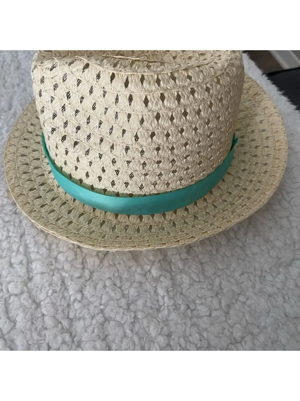Small Straw Fedora Hat with Green Band